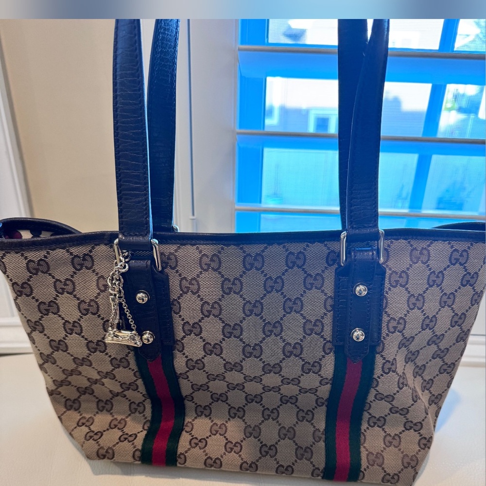 Gucci Beige and Black Tote with Green and Red Stripes